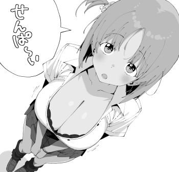 Rule 34 | 1girl, bra, breasts, collarbone, dark-skinned female, dark skin, girls und panzer, greyscale, gyaru, henyaan (oreizm), highres, kogal, large breasts, loafers, looking at viewer, lying, monochrome, nishizumi miho, on side, one side up, open mouth, pleated skirt, school uniform, shirt, shoes, short hair, short sleeves, skirt, solo, speech bubble, standing, translated, underwear, white shirt