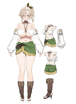 1girl absurdres armpit_crease blonde_hair blue_eyes blush boots breasts cleavage detached_sleeves elf full_body gyaru halterneck high_heels high_side_ponytail highres large_breasts looking_at_viewer mole mole_under_eye multiple_views navel open-toe_boots original parted_lips pointy_ears reference_sheet sencha_bashira simple_background white_background