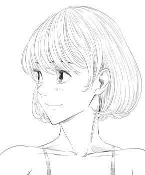 1girl collarbone commentary_request eyebrows_hidden_by_hair eyelashes greyscale hatching_(texture) highres lee_(dragon_garou) looking_to_the_side monochrome original portrait sketch smile solo