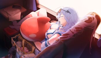 1girl absurdres arknights bag bare_shoulders black_choker breasts cellphone choker cleavage closed_eyes curtains doctor_(arknights) eyewear_on_head from_above full_body hair_between_eyes hair_ornament hair_undone head_tilt highres inanari1108 inflatable_orca inflatable_toy large_breasts long_hair lotion no_headwear off-shoulder_shirt off_shoulder official_alternate_costume orange-tinted_eyewear orca_hair_ornament original parted_lips phone shirt shoulder_bag sitting skadi_(arknights) skadi_(waverider)_(arknights) sleeping smartphone solo stuffed_orca sunglasses tinted_eyewear towel train transparent_bag very_long_hair whale_hair_ornament white_shirt window