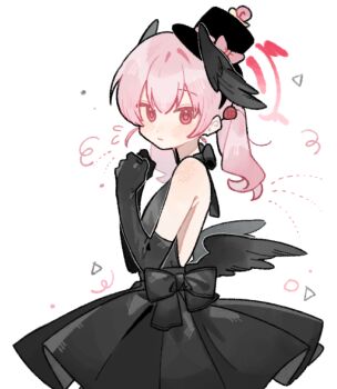 1girl alternate_costume bare_shoulders black_dress black_gloves black_hat black_wings blue_archive blush commentary_request dress elbow_gloves flying_sweatdrops gloves halo hat head_wings koharu_(blue_archive) korean_commentary long_hair looking_at_viewer low_wings mini_hat mini_top_hat nagakiras2 pink_eyes pink_hair red_halo simple_background solo tilted_headwear top_hat twintails white_background wings