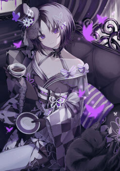 1girl bare_shoulders black_gloves black_hair black_hat black_kimono breasts butterfly_hair_ornament cat cleavage couch cowboy_shot cup flower gloves hair_ornament hat hat_flower highres holding holding_cup holding_saucer housho_margo indoors japanese_clothes kimono lolita_fashion long_sleeves looking_at_viewer mahou_shoujo_no_majo_saiban mmme_(mq_a12) obi on_couch pale_skin parted_bangs pillow purple_eyes purple_theme sash saucer short_hair short_kimono sitting smile solo tea teacup top_hat wa_lolita