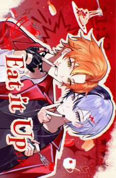 Rule 34 | 2boys, aoyagi touya, black gloves, black nails, black skirt, blue eyes, choker, collar, earrings, fingerless gloves, food, fork, gloves, green eyes, highres, holding, holding fork, jacket, jewelry, looking at viewer, multicolored hair, multiple boys, orange hair, pasta, project sekai, red jacket, ring, salmon, shinonome akito, shirt, skirt, smile, spaghetti, spiked collar, spikes, teeth, v, white shirt, zhao yifei