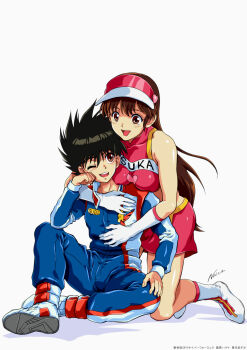 absurdres black_hair blush breasts brown_hair couple future_gpx_cyber_formula hetero highres hug kazami_hayato large_breasts long_hair nolia pilot racer shota sitting smile spiked_hair sugou_asuka