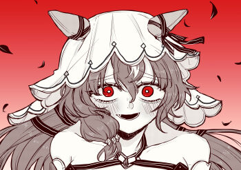 1girl absurdres animal_ears bare_shoulders blush bow collarbone commentary_request crazy_eyes dress ear_ribbon ears_through_headwear falling_petals grey_background hair_between_eyes hair_over_shoulder halterneck highres horse_ears horse_girl long_hair looking_at_viewer multicolored_hair parted_lips petals red_background red_eyes rinren_(chun8chun8chun) sleeveless sleeveless_dress smile solo still_in_love_(umamusume) umamusume