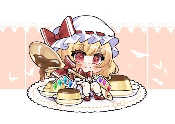 1girl bat_(animal) blonde_hair bloomers blue_eyes chibi chibi_only closed_mouth commentary crystal crystal_wings fang flandre_scarlet food hat highres holding holding_spoon long_hair looking_at_viewer mini_person minigirl mob_cap multicolored_wings no_noru pudding red_eyes red_shoes shoes skin_fang smile solo spoon touhou underwear white_bloomers white_hat wings wrist_cuffs