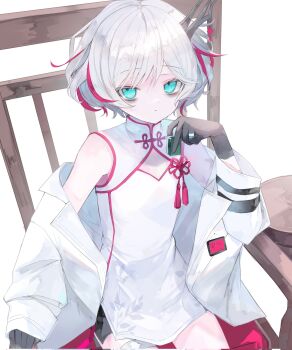 Rule 34 | 1girl, alternate costume, arm rest, bare shoulders, black gloves, chair, china dress, chinese clothes, croma mhach, dress, expressionless, gloves, highres, holding, horns, jacket, jacket partially removed, lab coat, looking at viewer, mahjong, mahjong tile, multicolored hair, sephie (shadowverse), shadowverse, short hair, sitting, streaked hair, table, thigh strap, white hair