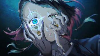 Rule 34 | 1boy, anasa3, asymmetrical bangs, black jacket, blue background, blue eyes, blurry, buttons, colored tips, demon boy, depth of field, dutch angle, enmu (kimetsu no yaiba), facial mark, finger tattoo, floating hair, glowing, glowing eye, grin, hands on own face, highres, jacket, kanji tattoo, kimetsu no yaiba, long sleeves, looking at viewer, male focus, medium hair, misplaced mouth, multicolored hair, open mouth, parted lips, portrait, purple nails, signature, smile, solo, suit jacket, symbol-shaped pupils, tattoo, tears facial mark, teeth, tongue, tongue out, trap, undershirt, uneven eyes, veins, veiny face, veiny hands