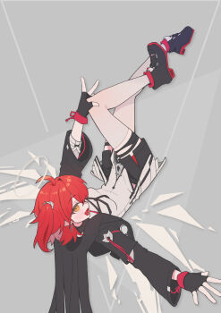 1girl :d absurdres ahoge arknights black_gloves black_jacket black_shorts boots chinese_commentary commentary_request detached_wings energy_wings exusiai_(arknights) exusiai_the_new_covenant_(arknights) fingerless_gloves full_body gloves grey_background halo highres jacket long_sleeves looking_at_viewer official_alternate_costume one_side_up open_mouth orange_eyes red_hair short_hair short_shorts shorts smile solo thigh_strap tingliang wings yellow_eyes