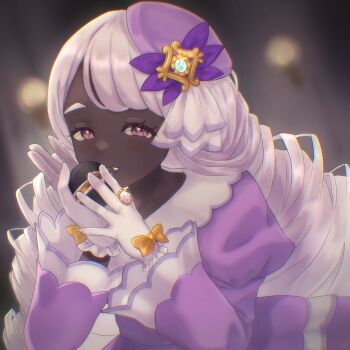 1girl 517pomme blurry blurry_background bow bright_pupils commentary_request dark-skinned_female dark_skin dress eyelashes glove_bow gloves hair_ornament hands_up highres holding holding_poke_ball jacinthe_(pokemon) jewelry long_hair long_sleeves luxury_ball nintendo poke_ball pokemon pokemon_legends:_z-a puffy_sleeves purple_dress purple_eyes ring solo white_gloves yellow_bow