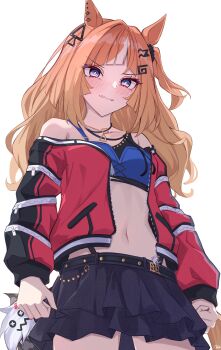 1girl absurdres animal_ears bare_shoulders black_skirt blue_eyes blue_sports_bra blush breasts brown_hair closed_mouth collarbone ear_ornament espoir_city_(red_devil_gear)_(umamusume) espoir_city_(umamusume) gold_buckle hair_ornament highres horse_earrings horse_ears horse_girl horse_tail jacket long_hair looking_at_viewer midriff multicolored_hair navel noa_82g open_clothes open_jacket orange_hair red_jacket simple_background skirt small_breasts smile solo sports_bra stomach tail umamusume white_background
