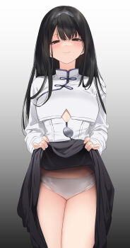 1girl black_hair blush clothes_lift hair_ornament li_zhiheng lifting_own_clothes long_hair looking_at_viewer mole mole_under_eye my_harem_grew_so_large_i_was_forced_to_ascend panties simple_background skirt skirt_lift smile smug solo underwear white_panties