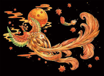 animal_focus bird black_background cloud feathers flying gen_2_pokemon green_feathers highres ho-oh kuuneru leaf legendary_pokemon maple_leaf multicolored_feathers nintendo no_humans orange_feathers pokemon pokemon_(creature) red_feathers