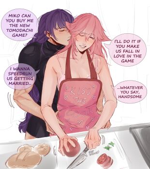2girls absurdres animal_ears apron black_unitard bra bread breasts colored_eyelashes commentary cutting_board english_commentary english_text food fox_ears fox_girl genshin_impact hands_on_another's_hips highres kiss_the_cook kitchen_knife knife long_hair mole mole_under_eye multiple_girls one_eye_closed pink_apron pink_hair purple_hair raiden_shogun skebooby tomato tomato_slice underwear yae_miko yuri