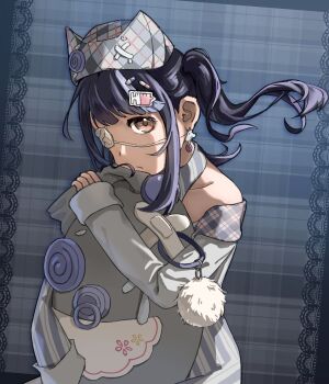 1girl animal_ear_headwear animal_ears bare_shoulders black_hair blue_background blue_border blue_collar blue_dress blue_hat blunt_bangs border brown_eyes cat_earrings cat_ears chinese_commentary closed_mouth collar collarbone commentary_request cowboy_shot creature detached_collar dot_nose dress earrings esseling_(infinity_nikki) expressionless eyelashes eyepatch fake_animal_ears floating_hair frown hair_ornament hairclip hat highres holding holding_creature infinity_nikki jewelry lace lace_border long_hair long_sleeves looking_at_viewer luoyusha80129 medical_eyepatch multicolored_hair nikki_(series) off-shoulder_dress off_shoulder ornate_border outside_border pill_hair_ornament plaid_background plaid_hat quirky_idea_(infinity_nikki) sad_sack_(infinity_nikki) sidelocks sitting sleeve_cuffs sleeves_past_wrists solo streaked_hair striped_clothes striped_dress syringe syringe_hair_ornament twintails two-tone_dress vertical-striped_clothes vertical-striped_collar vertical-striped_dress white_dress