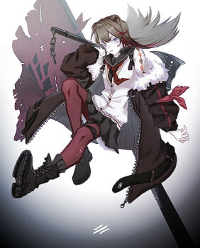 1girl animal_ears arknights axe bear_ears bear_girl black_boots black_jacket black_sailor_collar black_shirt black_skirt blue_eyes boots brown_hair brown_jacket cardigan commentary_request earbuds earphones full_body fur-trimmed_jacket fur_trim gradient_background hand_up highres holding holding_axe jacket lace-up_boots long_hair long_sleeves looking_at_viewer mugioec multicolored_hair neckerchief off_shoulder open_clothes open_jacket over_shoulder pantyhose parted_lips pleated_skirt red_hair red_neckerchief red_pantyhose sailor_collar school_uniform shirt skirt solo streaked_hair vest weapon weapon_over_shoulder white_background white_cardigan white_vest zima_(arknights)