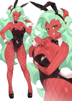 1girl animal_ears black_bow black_bowtie black_leotard bow bowtie breasts cleavage colored_skin commentary demon_girl detached_collar english_commentary fake_animal_ears fake_tail fishnet_pantyhose fishnets full_body green_eyes green_hair hand_on_own_hip highres horns iwbitu large_breasts leotard long_hair looking_at_viewer panty_&amp;_stocking_with_garterbelt pantyhose playboy_bunny rabbit_ears rabbit_tail red_skin scanty_(psg) smile standing tail thighs wrist_cuffs