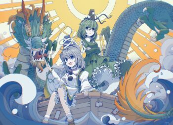 :d absurdres artist_name black_hat blue_eyes blue_hat blush boat boots chinese_commentary closed_mouth collared_dress commentary contrast_collar crossed_arms dated detached_sleeves dragon dress eastern_dragon frilled_dress frills green_dress green_eyes green_hair grey_hair hair_between_eyes hand_rest hat highres japanese_clothes kariginu long_dress looking_at_viewer medium_hair mononobe_no_futo open_mouth pom_pom_(clothes) short_hair smile socks soga_no_tojiko standing tate_eboshi ten_desires touhou tseum two-tone_background wading water watercraft white_sleeves white_socks