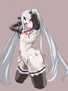 1girl 9is abigail_williams_(fate) abigail_williams_(third_ascension)_(fate) absurdres armpits arms_up black_ribbon black_thighhighs blush bow bowtie breasts brown_background commentary_request cosplay dead_or_alive dead_or_alive_5 dead_or_alive_xtreme elbow_gloves fate/grand_order fate_(series) frilled_thighhighs frills from_side gloves grey_hair grin hair_ornament hair_ribbon highres keyhole long_hair looking_at_viewer marie_rose marie_rose_(cosplay) marie_rose_(devilish_servant_against_the_splashing_waves) navel nipples nude pale_skin parted_bangs partially_undressed red_bow red_bowtie red_eyes ribbon simple_background sketch small_breasts smile solo thighhighs twintails very_long_hair x_hair_ornament