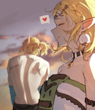 Rule 34 | 1boy, 1girl, absurdres, back, blonde hair, breasts, cloud, cloudy sky, commentary, dress, edwin62293123, elf, heart, highres, link, medium breasts, nintendo, outdoors, pointy ears, princess zelda, short hair, sky, smile, spoken heart, the legend of zelda, undressing, white dress