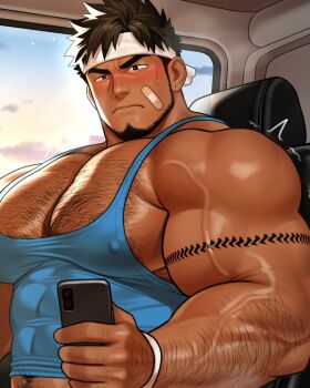 1boy arm_hair arm_tattoo bandaid bandaid_on_cheek bandaid_on_face bara beard biceps black_eyes blue_tank_top blush bright_pupils brown_hair car_interior chest_hair chinstrap_beard covered_abs covered_erect_nipples cropped dawn facial_hair frown hand_hair headband highres holding holding_phone huge_pectorals kuromine_hiraya male_focus muscular muscular_arms muscular_male nipple_hair nipples original parted_bangs phone shiny_skin shirt side_part solo stomach_hair sweatdrop tank_top tattoo thick_eyebrows tight_clothes tight_shirt upper_body veins veiny_arms white_headband white_pupils wristband