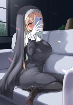 1girl black_boots blonde_hair boots breasts brown_eyes cellphone coif commentary_request couch daishippai high_heel_boots high_heels highres indoors large_breasts long_hair nijisanji nun on_couch phone sister_claire sister_claire_(1st_costume) sitting smartphone solo virtual_youtuber wariza window