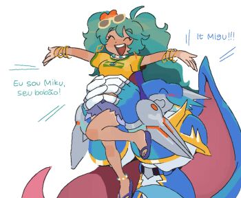 1boy 1girl blush brazilian_miku digimon digimon_(creature) flip-flops happy hatsune_miku highres sandals short_shorts shorts smile ulforcev-dramon vocaloid wings