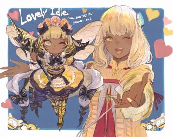 2girls :d blonde_hair chibi colored_tips copyright_name dark-skinned_female dark_skin dual_persona final_fantasy final_fantasy_xiv halberd head_wreath highres holding holding_polearm holding_weapon honey_b._lovely hyur j2_path looking_at_viewer medium_hair midriff multicolored_hair multiple_girls one_eye_closed open_mouth polearm smile sweater upper_body weapon yellow_eyes yellow_nails yellow_sweater