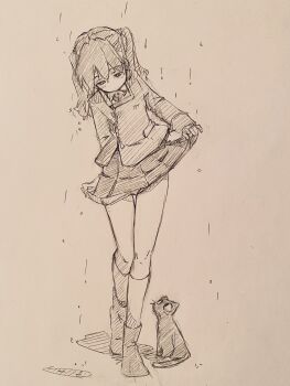 1girl cat chakoru clothes_lift contrapposto flat_chest full_body graphite_(medium) greyscale hatching_(texture) highres kantai_collection kneehighs linear_hatching long_hair long_sleeves looking_at_animal looking_down magatama monochrome no_mouth pleated_skirt rain ryuujou_(kancolle) school_uniform shoes sketch skirt skirt_lift socks solo standing traditional_media twintails