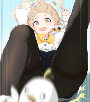 1girl black_pantyhose blonde_hair blue_archive blush bow bowtie commentary_request halo hifumi_(blue_archive) long_sleeves open_mouth pantyhose pcaccount13 peroro_(blue_archive) school_uniform solo thighs yellow_bow yellow_eyes yellow_halo