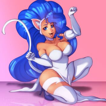 1girl animal_ears bare_shoulders blue_eyes blue_hair breasts cat_ears cat_tail cleavage dark-skinned_female dark_skin darkstalkers dress elbow_gloves fang felicia_(darkstalkers) gloves large_breasts lips long_hair nessieusagi sleeveless tail thick_thighs thighs very_long_hair white_fur