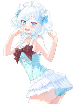 1girl ahoge ass black_bow blue_bow blue_eyes blue_one-piece_swimsuit bow breasts densetsu.exe frilled_one-piece_swimsuit frills hair_bow hair_ornament highres maid_headdress mint_fantome no_mole one-piece_swimsuit open_mouth pointy_ears small_breasts solo swimsuit thighs two_side_up virtual_youtuber white_background white_hair x_hair_ornament xielzhy0