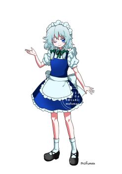 1girl apron artist_name back_bow black_shoes blue_dress blue_eyes bow braid closed_mouth commentary_request dress frilled_dress frills full_body green_bow green_ribbon grey_hair hair_bow izayoi_sakuya long_hair long_sleeves looking_at_viewer maid maid_headdress mofumaa neck_ribbon one_eye_closed pinafore_dress puffy_long_sleeves puffy_sleeves ribbon shoes simple_background sleeveless sleeveless_dress smile socks solo touhou twin_braids waist_apron watermark white_apron white_background white_bow white_socks