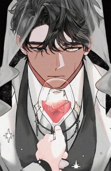 1boy 1other aegyo_sal black_eyes black_hair black_necktie black_vest cloak coat collared_shirt cup curtained_hair drinking_glass expressionless hair_between_eyes heterochromia holding holding_cup hood hood_up hooded_cloak kim_dokja looking_at_viewer male_focus necktie omniscient_reader&#039;s_viewpoint open_clothes open_coat paradero_91 pov pov_hands scar scar_across_eye scar_on_face secretive_plotter shirt short_hair starry_sky_print vest white_coat white_shirt wine_glass yellow_eyes yoo_joonghyuk