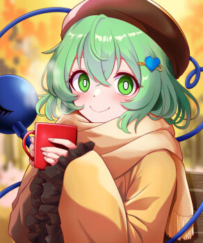 1girl autumn beret breasts brown_hat closed_mouth commentary_request crossed_bangs cup green_eyes green_hair hair_between_eyes hair_ornament hairclip hat heart heart_hair_ornament highres holding holding_cup kisaragi_koushi komeiji_koishi looking_at_viewer medium_breasts scarf shirt smile solo third_eye touhou upper_body yellow_scarf yellow_shirt