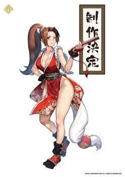 Rule 34 | 1girl, arm guards, bare shoulders, breasts, brown eyes, brown hair, cleavage, commentary request, fatal fury, folded fan, folding fan, hand fan, high ponytail, highres, holding, holding fan, hungry clicker, japanese clothes, large breasts, long hair, looking at viewer, ninja, pelvic curtain, ponytail, revealing clothes, rope, second-party source, shiranui mai, smile, snk, solo, the king of fighters, thighs, wrist guards