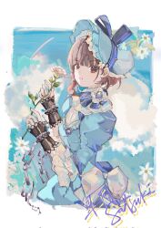 Rule 34 | 1girl, blue bow, blue dress, blue hat, blue sky, bonnet, bow, brown eyes, brown hair, chain, character name, cloud, cuffs, dress, dress bow, flower, from side, gown, hands up, hat, hat bow, highres, holding, holding flower, juliet sleeves, kyoko (kanori aoki), long sleeves, looking at viewer, official alternate costume, puffy sleeves, reverse:1999, satsuki (reverse:1999), short hair, sky, solo, upper body, white background, white bow, white flower