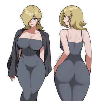 1girl alternate_breast_size_(larger) ass bare_shoulders blonde_hair blue_eyes breasts cleavage dress earrings from_behind grey_dress grey_jacket hair_over_one_eye highres jacket jewelry large_breasts long_hair looking_at_viewer looking_back mario_(series) multiple_views nintendo rosalina selvish94 smile solo star_(symbol) star_earrings super_mario_galaxy tight_clothes