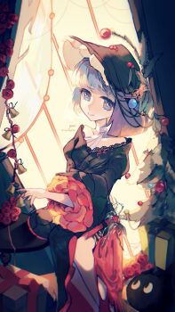 Rule 34 | 1girl, absurdres, bare shoulders, bell, black dress, black hat, blue eyes, box, christmas ornaments, christmas tree, dress, feet out of frame, gift, gift box, grey hair, hand up, hat, highres, juliet sleeves, long dress, long sleeves, looking at viewer, mercuria (reverse:1999), official alternate costume, puffy sleeves, reverse:1999, short hair, smile, solo, window, yumii (crystalsph3re)