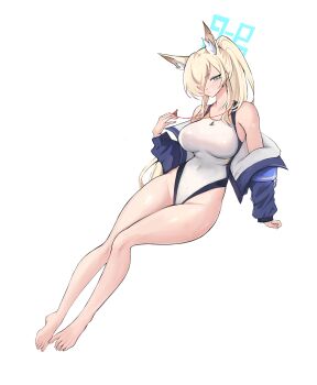 1girl animal_ear_fluff animal_ears bare_shoulders barefoot blonde_hair blue_archive blue_eyes blue_halo blue_jacket breasts collarbone covered_navel dog_ears estelle8js extra_ears groin hair_over_one_eye halo highres jacket kanna_(blue_archive) kanna_(swimsuit)_(blue_archive) large_breasts long_hair looking_at_viewer one-piece_swimsuit open_clothes open_jacket ponytail rectangular_halo sitting solo swimsuit thighs whistle whistle_around_neck white_background white_one-piece_swimsuit