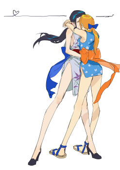 2girls absurdres black_hair black_shoes blue_kimono blue_ribbon closed_eyes commentary floral_print floral_print_kimono full_body hair_ribbon heart high_heels highres hug japanese_clothes kimono kiss multiple_girls nami_(one_piece) nico_robin obi one_piece orange_hair orange_sash ponytail print_kimono ribbon sash shoes short_kimono simple_background taobuliaoke white_background