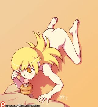 1boy 1girl all_fours artist_name ass bakemonogatari barefoot blonde_hair blush_stickers completely_nude cum cum_on_body donut donut_on_penis facial feet fellatio food full_body hetero monogatari_(series) noise_tanker nude one_eye_closed oral oshino_shinobu patreon penis pointy_ears simple_background soles solo_focus testicles toes uncensored watermark web_address yellow_eyes