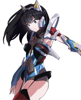 Rule 34 | 1girl, acceptor, arm guards, armor, armored boots, black hair, blue eyes, boots, breasts, cosplay, gloves, gridman (character), gridman (denkou choujin), gridman (ssss), gridman (ssss) (cosplay), gridman universe, headgear, highres, long hair, mecha musume, saekomjjang, simple background, solo, ssss.gridman, takarada rikka, thighhighs, thighs, white armor, white background
