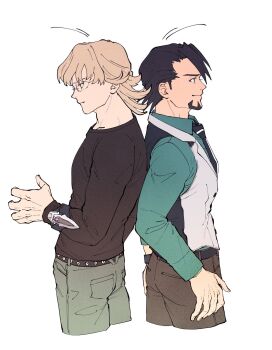 2boys back-to-back barnaby_brooks_jr. belt black_belt black_necktie black_shirt blonde_hair brown_eyes brown_hair brown_pants closed_mouth collared_shirt commentary_request crew_neck cropped_legs facial_hair flat_color fsz_tb goatee green_pants green_shirt highres kaburagi_t._kotetsu long_sleeves male_focus medium_hair multiple_boys necktie pants shirt simple_background smile tiger_&amp;_bunny vest white_background wing_collar