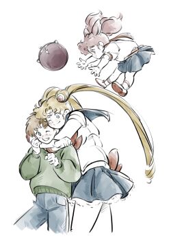 1boy 2girls back_bow bishoujo_senshi_sailor_moon blonde_hair blue_eyes blue_sailor_collar blue_skirt bow bowtie chibi_usa child circlet denim green_sweater highres hug jeans juuban_elementary_school_uniform long_hair luna-p mercuri0ff multiple_girls one_eye_closed pants parted_bangs pink_hair red_bow red_bowtie red_eyes red_sailor_collar sailor_collar sailor_moon school_uniform simple_background skirt smile sweater thick_eyebrows tsukino_shingo tsukino_usagi twintails very_long_hair white_background
