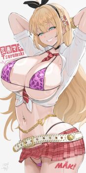 1girl animal_print areola_slip arms_up belt belt_buckle between_breasts bikini blonde_hair blue_eyes bracelet breasts buckle cleavage covered_erect_nipples cropped_shirt hamaburicchi highres jewelry large_breasts leopard_print long_hair long_sleeves looking_at_viewer microskirt miniskirt mole mole_on_breast navel navel_piercing necktie necktie_between_breasts piercing plaid_clothes plaid_skirt pleated_skirt purple_bikini red_necktie shirt skirt sleeves_rolled_up smile solo swimsuit tied_shirt tsurumaki_maki voiceroid white_background white_belt white_shirt