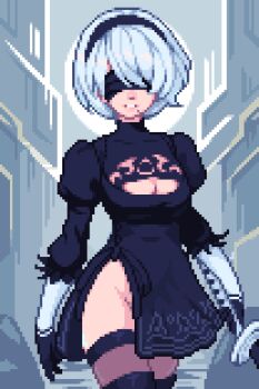 1girl 2b_(nier:automata) black_dress black_hairband blindfold boots breasts cleavage cleavage_cutout clothing_cutout covered_eyes dress gloves hairband highres holding holding_sword holding_weapon juliet_sleeves long_sleeves medium_breasts mole mole_under_mouth nier:automata nier_(series) pixel_art puffy_sleeves short_hair side_slit smile solo sword thigh_boots thighhighs weapon white_hair yumykon