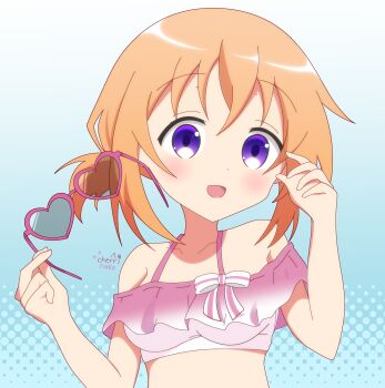 Rule 34 | 1girl, absurdres, aged down, blue background, blush, bow, bra, breasts, brown hair, cherrinako, female focus, glasses, gochuumon wa usagi desu ka?, highres, hoto cocoa, looking at viewer, medium breasts, nose, open mouth, pink bow, pink bra, purple eyes, shadow, short hair, solo, tongue, underwear, white background