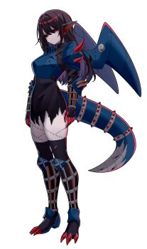 Rule 34 | 1girl, absurdres, animal ears, armor, black sclera, body armor, brown hair, clawed feet, clawed hands, claws, colored sclera, commission, commissioner upload, cyborg, death-x-dorugamon, digimon, digimon (creature), full body, highres, humanization, knee armor, long sleeves, multicolored hair, non-web source, red eyes, red streaks, shoulder armor, solo, stitches, streaked hair, tail, thighhighs, thighs, torn clothes, transparent background, wayanfa, wings