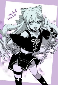 1boy androgynous cone_hair_bun crossdressing crossdressing_(mtf) dated drill_hair fire_emblem fire_emblem_engage folded_twintails hair_bun hair_horns highres legwear_garter long_hair looking_at_viewer male_focus miniskirt nintendo rosado_(fire_emblem) single_legwear_garter skirt solo thighhighs trap twitter_username usachu_now zettai_ryouiki